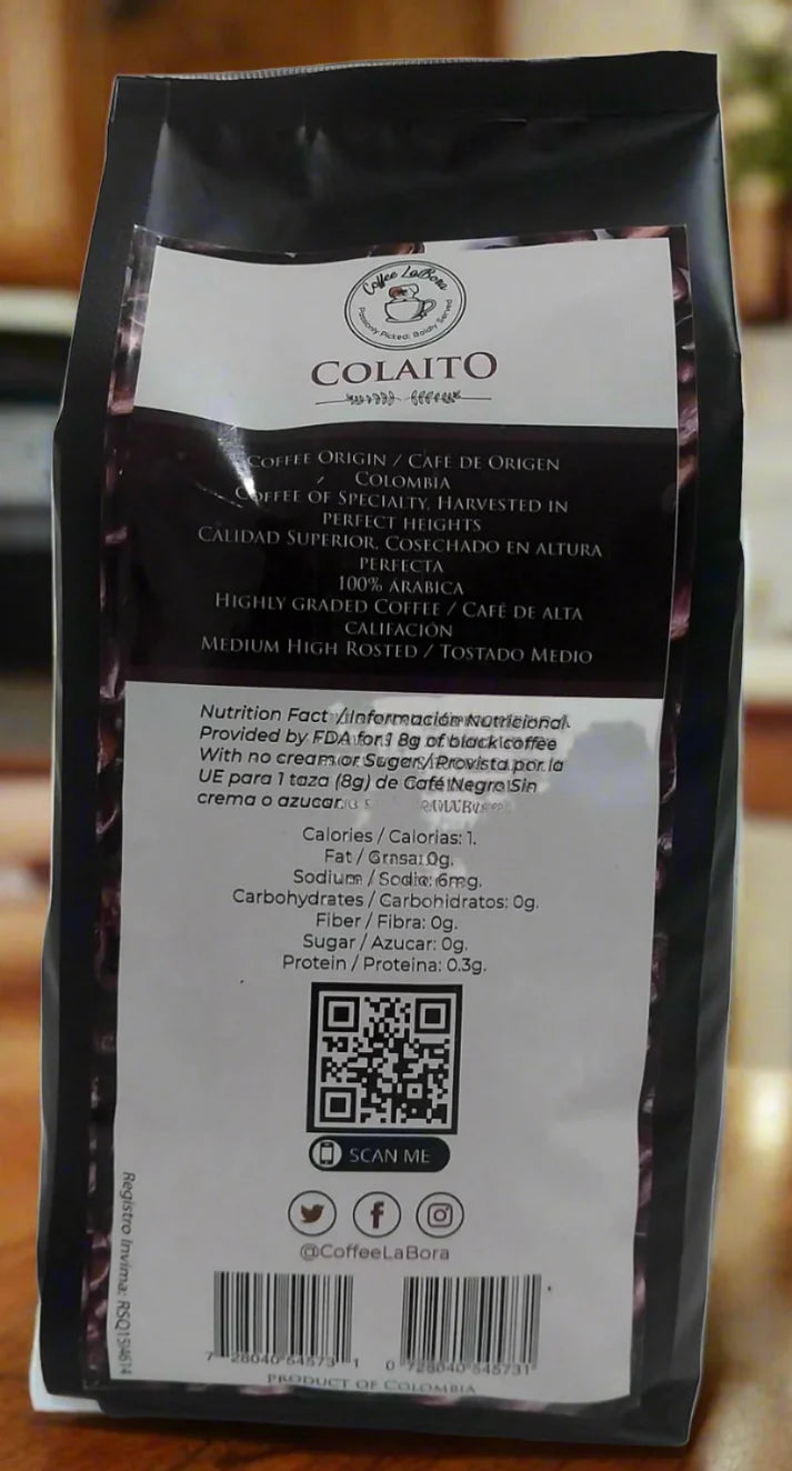 Bolsa de Café Colaito 340g, café arábica colombiano de tostión media alta y 84 puntos SCA foto trasera